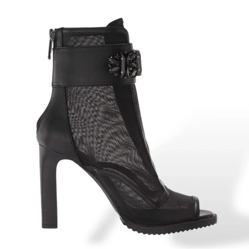 Karl Lagerfeld Black Peep-Toe Ankle Booties with Embellished Strap